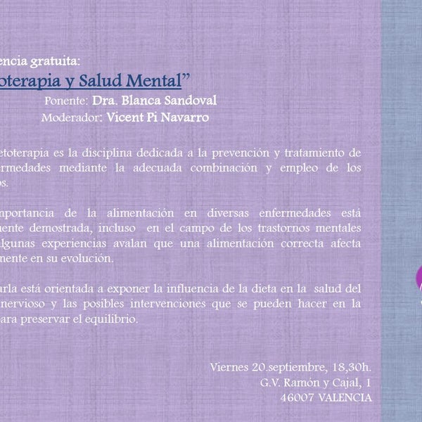 Este viernes, a las 18.30h, conferencia gratuita "Dietoterapia y Salud Mental". Organiza INDE Clínica Psicoterpéutica (http://www.clinicainde.com/) con motivo de su 10º aniversario.