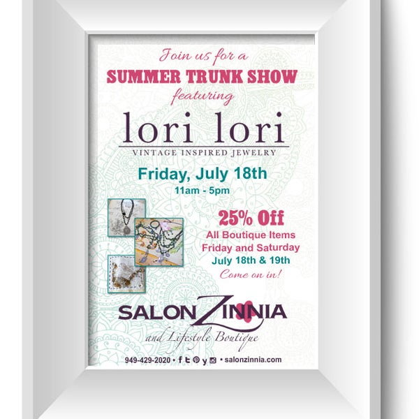 Summer Trunk Show and Sale this Friday featuring Lori Lori Vintage Inspired Jewelry! and 25% off all boutique items Friday and Saturday!