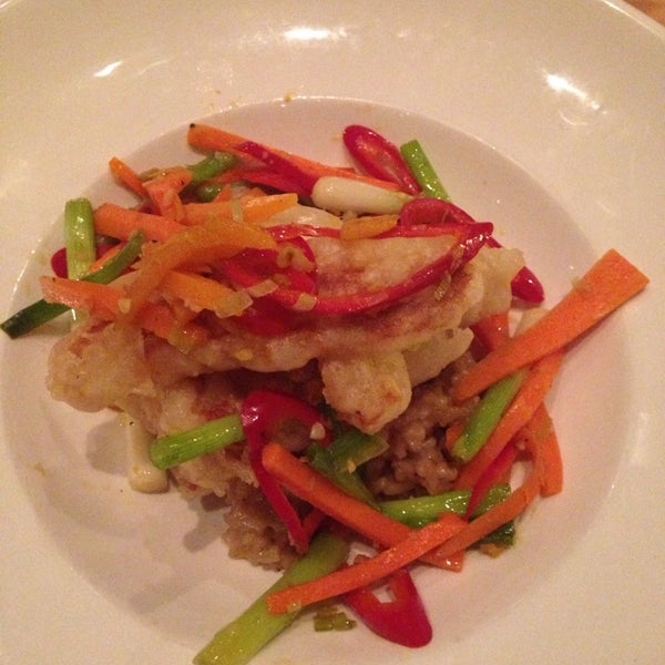Mustard Pork Tempura over a mushroom risotto and served with steamed veggies - so good.