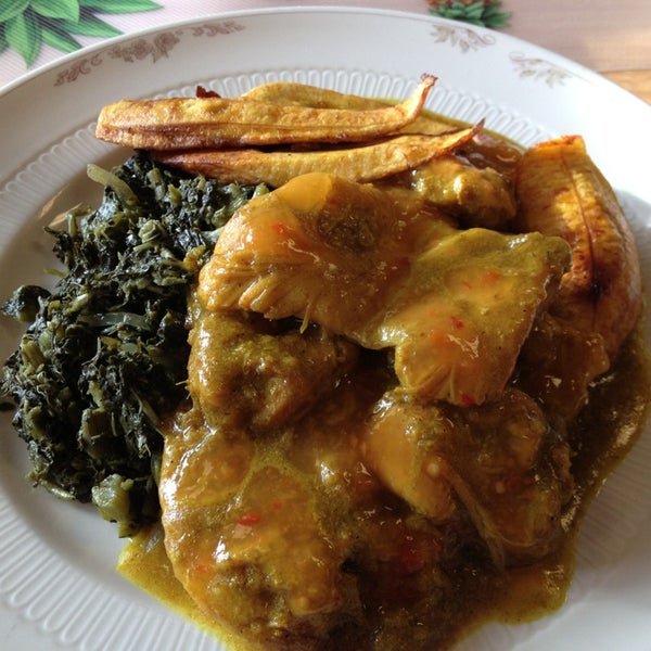 Curry chicken with plantains and callaloo! Yumm!