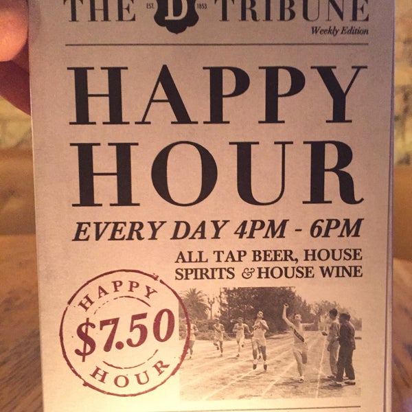 Happy hour 4-6pm house drinks for $7.5. Upstairs is chill w music instead of sports.