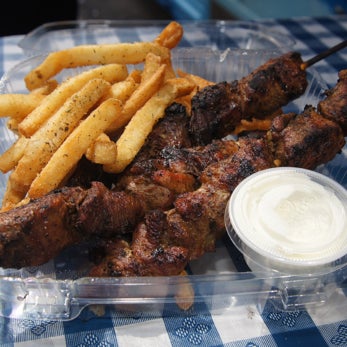 Mom's Tzatziki Sauce, Pork Souvlaki, and our crispy Seasoned Fries! Simple #GreekFood over at 51st and Park!