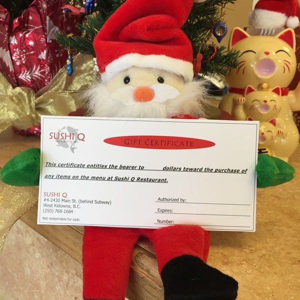 Give the gift of sushi! We have gift certificates available for all your holiday gift giving. Friends, family, coworkers, employees, bosses, anyone! . . #SushiQ #SushiQKelowna #GiftCertificates