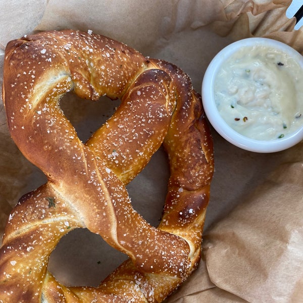 Pretzels are amazing! Try a stuffed one! Fabulous flavors from the chipotle stuffed pretzel, house salad, Greek salad and Halal chicken sandwich.