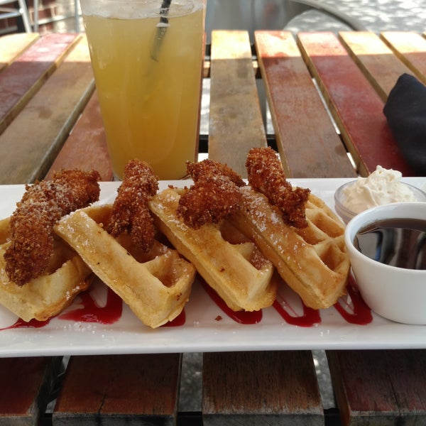 Chicken and waffles with a Manmosa