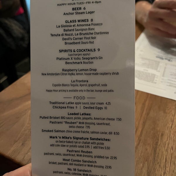 Outstanding happy hour and especially for San Francisco. Chickpea Fries and Latkes under 10 dollars. 6 dollar beer and 8 dollar wines. Platinum Martinis (basically Svedka) for $9