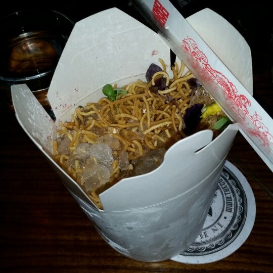 You can get a cocktail (with bourbon) is a Chinese to-go box. Pretty delicious and epic.