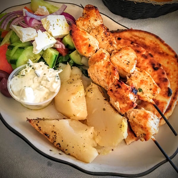 The best chicken souvlaki platter in town. Authentic Greek food, authentic Greek soundtrack.