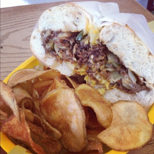 The Figueroa Philly with nacho and American cheese and chips on the side. Delicious!
