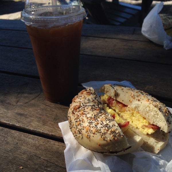 Egg, cheese and bacon on an everything bagel and a large iced hazelnut. Breakfast perfection!