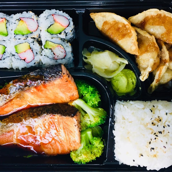 Salmon bento box: California roll, gyoza, salmon teriyaki, rice and miso all in one for $12.95 all day long.