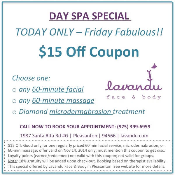 Amazing day spa in Pleasanton, Lavandu is offering $15 Off massage, facial, or microdermabrasion - Today only so call now (925) 399-6959 or go to link to book online #dayspaspecial #massage #facial