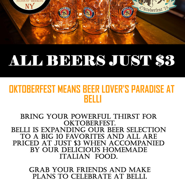 Celebrate Oktoberfest, all beers $3 all day with a purchase of a meal