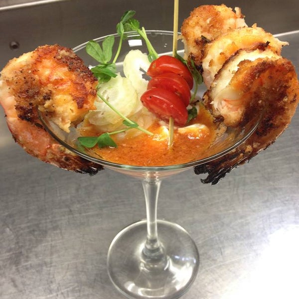 This Week’s Chef’s Pick is our Grilled shrimp “cocktail” with horseradish “panna cotta”, cocktail vinaigrette, meyer lemon confit and tabasco “drops”.