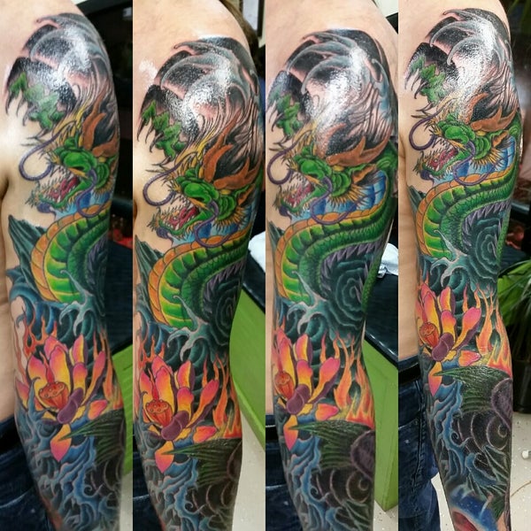Dragon tattoo by Jeffrey Ziozios at Bay City Tattoos in Tampa Florida