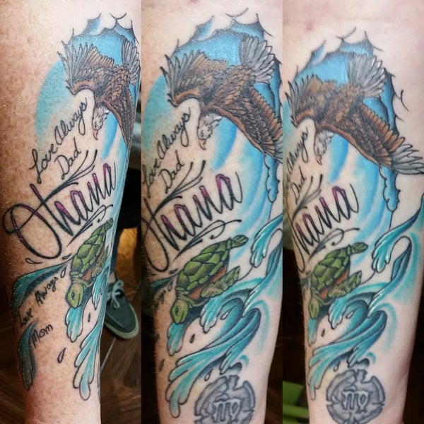 Eagle and wave tattoo by Jeffrey Ziozios at Bay City Tattoos in Tampa Florida