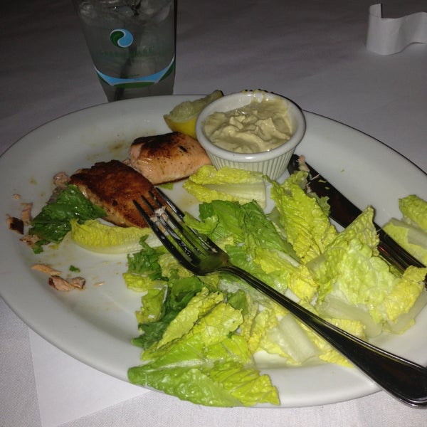Salmon Cesar, dressing on the side w/no croutons...healthy but OH so deli-shish