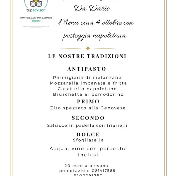 Venerdì 4 ottobre #trattoriaachiaia #dadario presenta "Le nostre tradizioni". Un #menù tipico #napoletano con l'accompagnamento musicale della #posteggia. Chi tardi arriva non trova posti!!