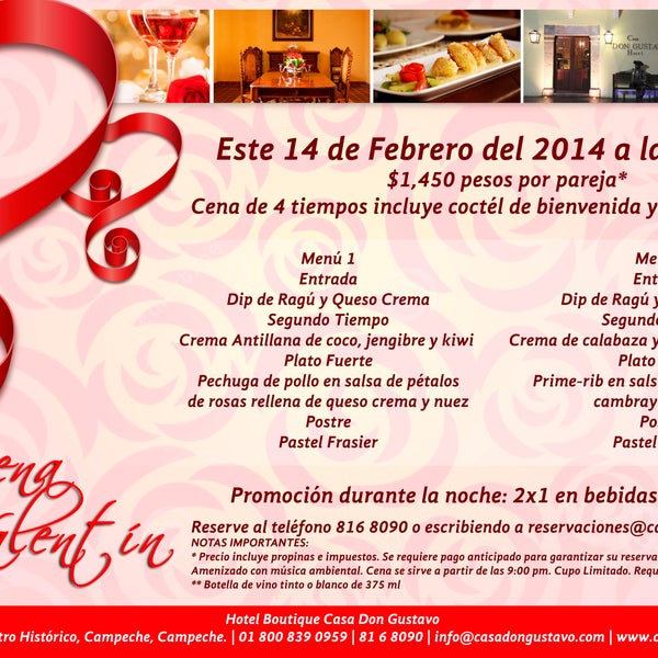 Vive un 14 de febrero muy romántico en el Restaurante de Hotel Boutique Casa Don Gustavo con nuestra cena especial.