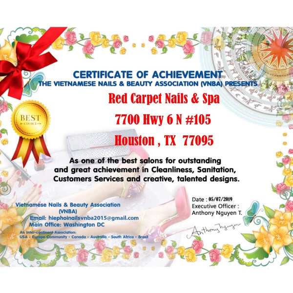 Viet Nails Beauty Association (VNBA) proudly presents Red Carpet Nails & Spa as one of the Top Best Salons for perfect decoration , sanitation , quality services and talented designs !