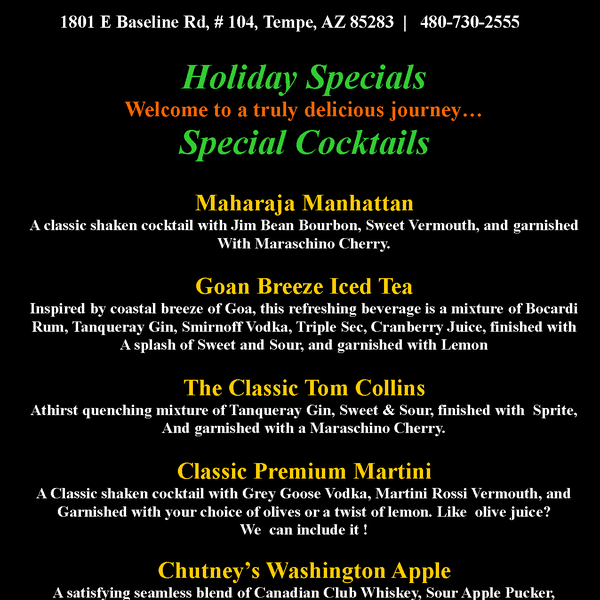 Special Holiday time Cocktails at Chutneys