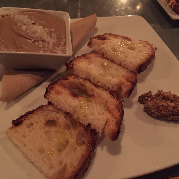 chicken liver mousse served with whole grain mustard, sel gris, and filone toasts