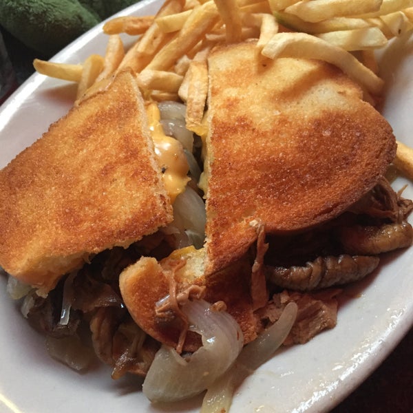 Jamo's grilled cheese, stuffed with pulled pork, onions, and mushrooms