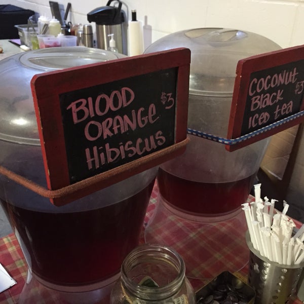 the blood orange hibiscus iced tea at Chickpea & Olive is decaf and unsweetened (they'll add sugar on request)