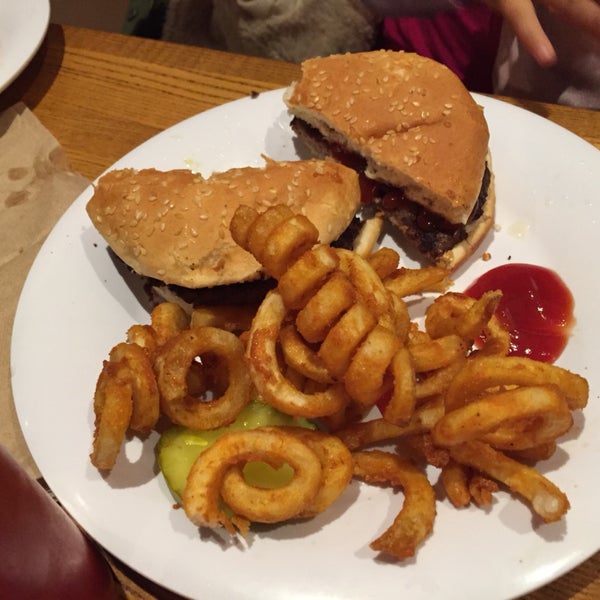 kids menu hamburger comes with curly fries