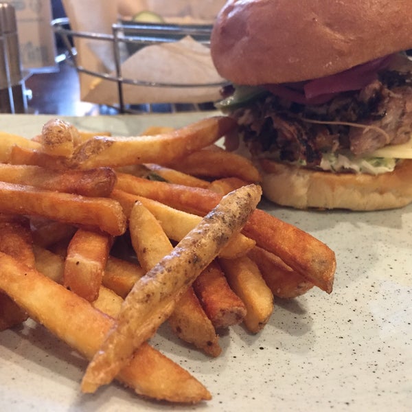 carnitas sandwich: braised pork, avocado, monterey jack cheese, and pickled red onion, with french fries