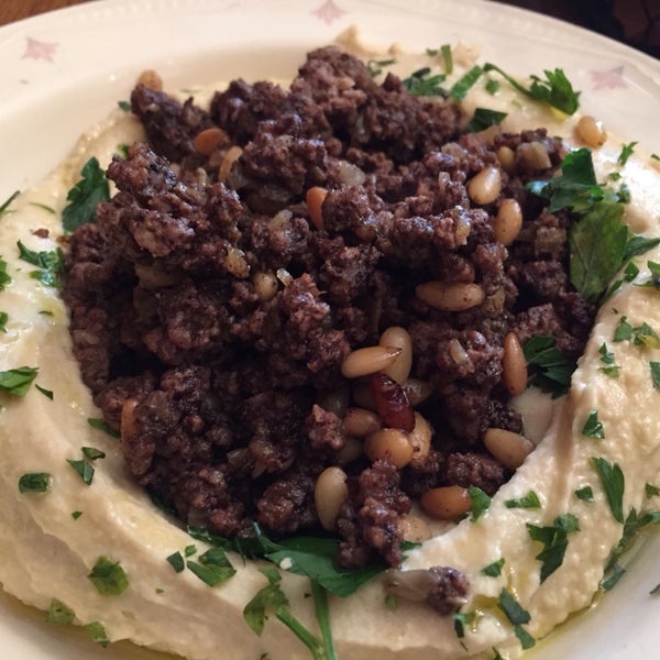 meat hummus - sweet ground beef and pine nuts