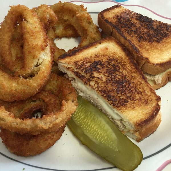 tuna melt with onion rings. sandwich was great but onion rings were a little doughy