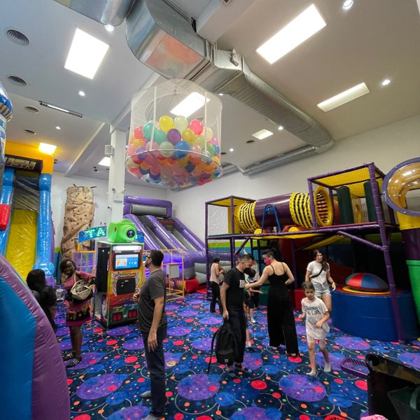 indoor playspace geared toward birthday parties. bounce castles and slides, arcade games, balloon drop, rides, ball pit, and more. party room for pizza and cake.