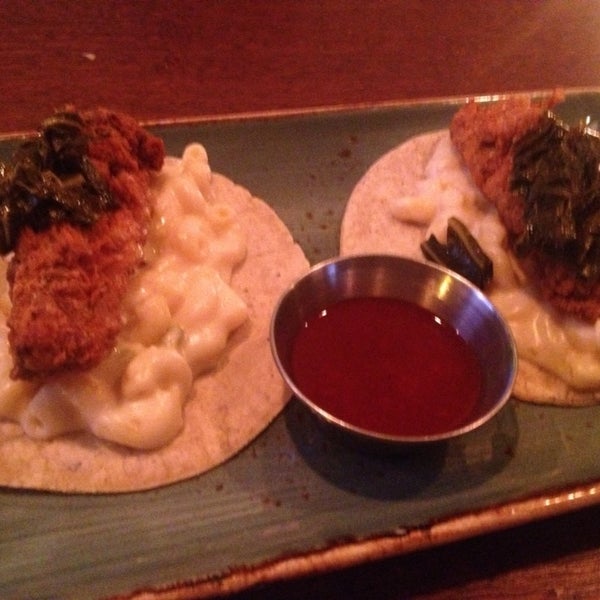fried chicken tacos with macaroni and cheese and collard greens