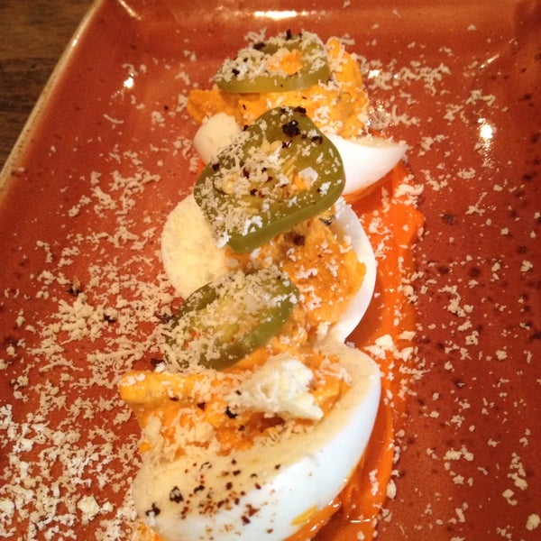 devilled eggs with pickled jalapeños