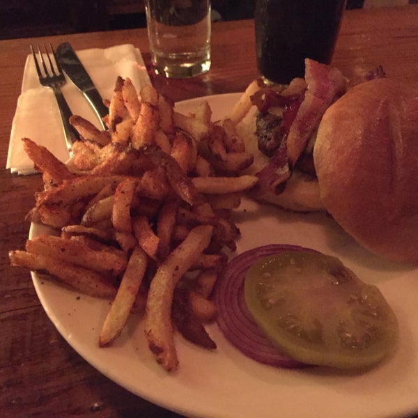 bacon cheddar burger with spiced french fries