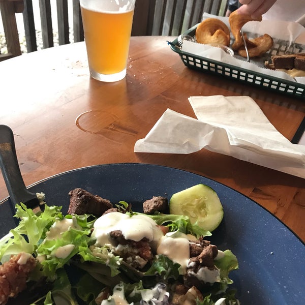 Husband had 3 different beers and liked them all. Black and blue salad was great as well. Not busy. Prices reasonable. Outdoor porch seating was nice!