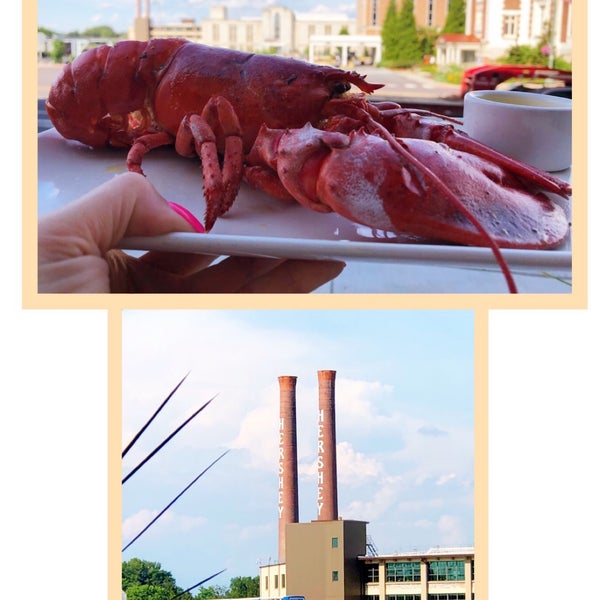 🦞Special price in 1 lb. lobster during Happy Hour! ‘Sea’ you on the patio for dinner with a view of the Hershey Factory where the Kisses are made! 💋🍫🏭