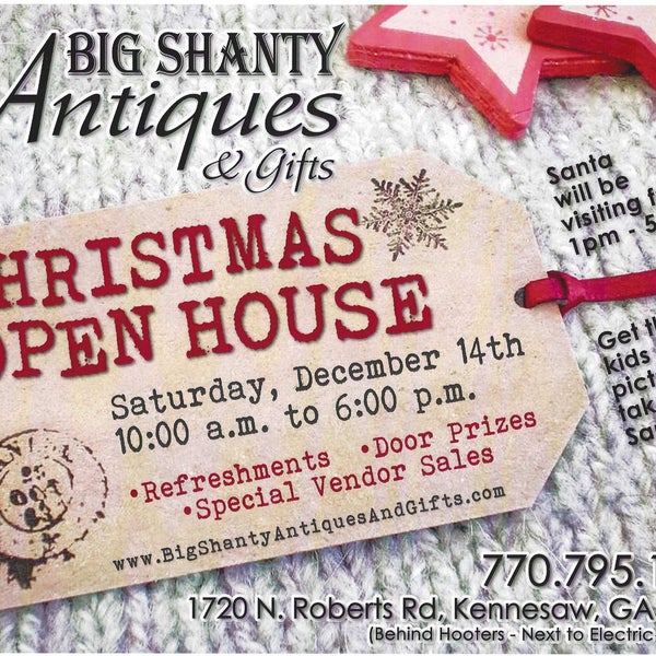 Join us for our "Christmas Open House" Saturday, December 14th from 10 am to 6 pm... * Refreshments * Door Prizes * Special Vendor Sales *   and Santa will be joining us from 1pm to 5 pm.