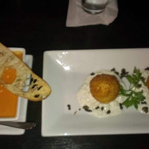 Outstanding service.The Tomato Stilton Bisque was excellent. The Smoked Salmon & Potato Croquettes were not warm on the inside at all. (it was cooked, just cold on inside) but still yummy.