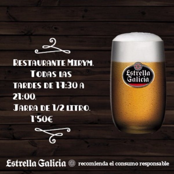 Todas las tardes de 17:30 a 21:00h, jarra 1/2 litro Estrella Galicia 1'50€.