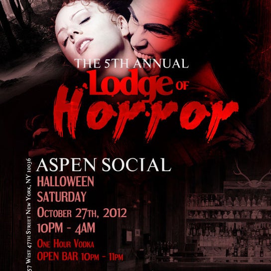 Head to Aspen for its 5th Annual Lodge of Horror Halloween Bash! Held on Saturday, October 27th from 10PM - 4AM and it includes a 1 hour vodka open bar from 10PM - 11PM. Tickets starting at $10.