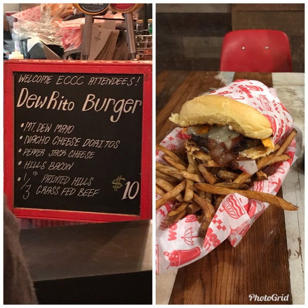 They had a nerdy burger on sale for ECCC. That’s an awesome level of care to the menu. Fries were just ok. Stick with onion rings instead!