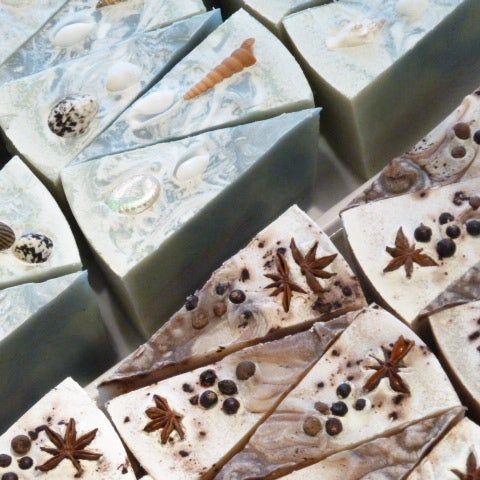 Spice Trail & Beachcomber soaps ready to be wrapped and labelled in the shop
