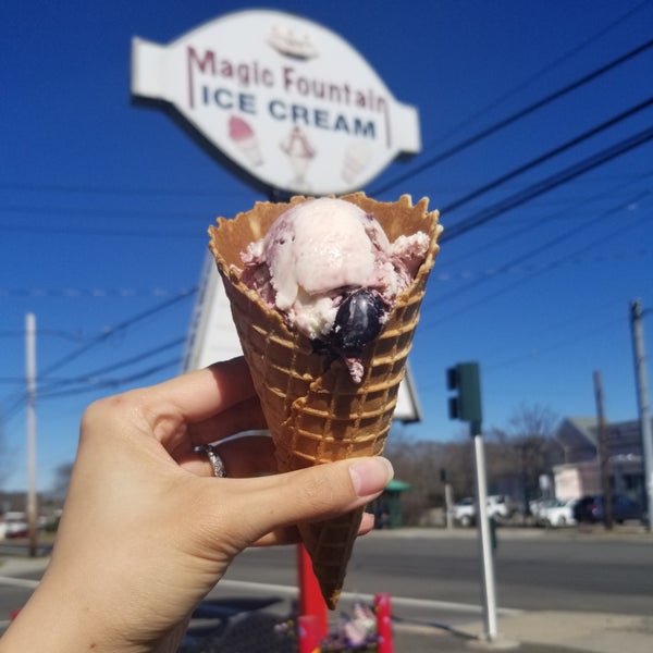 Single scoop of cherry vanilla in a waffle cone, every time