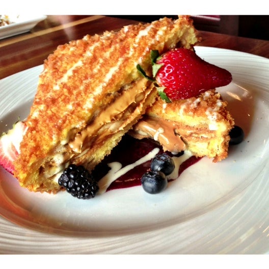 I'm All Shook UP! Banana & peanut butter stuffed French toast, vanilla creme anglaise, berry coulis