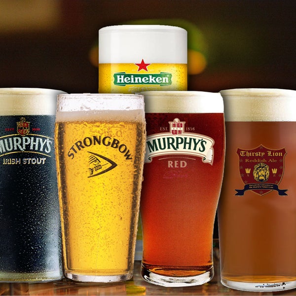 Unsere Biere, frisch gezapft: Heineken Lager extra cold, Murphy's Stout, Murphy's Irish Red, Thirsty Lion Reddish Ale und Strongbow Apple Cider. Wir wünschen angenehmen Durst und gute Erfrischung!