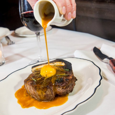 Signature steaks are 28-day, dry-aged 24-oz ribeye porterhouse ($58) and 14-ounce bone-in filet ($54). Soup for just $12 (currently ribollita, kale and parmesan) is often the best dish in the house.