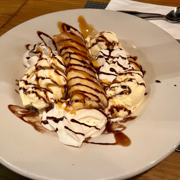 Banana Deck’s Xango is a must!! Banana caramel cheesecake wrapped in a tortilla and deep fried. coated with cinnamon and sugar, topped with vanilla ice cream, whip cream, caramel and chocolate sauce