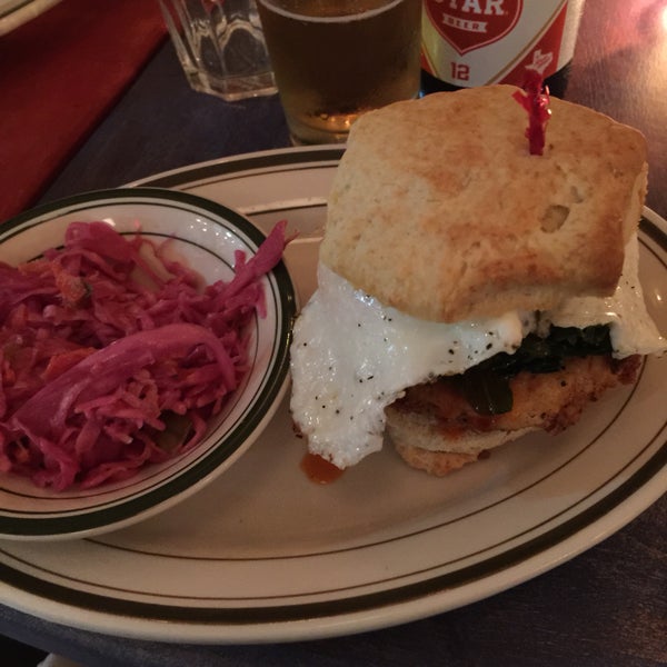 My favorite biscuit sandwich is The Moselle. Made with fried chicken, sautéed collard greens, a fried egg and hot sauce. Very tasty.
